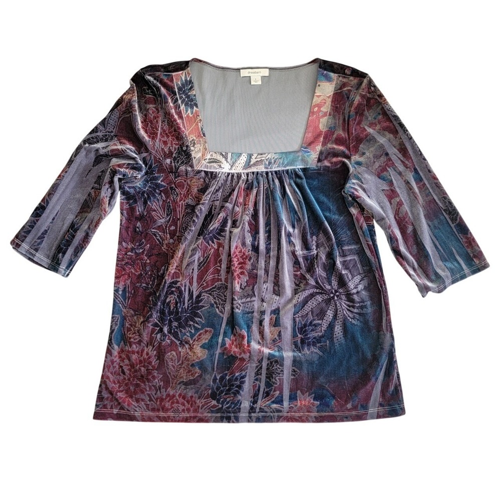 Velvet 3/4 Sleeve Square Neck Floral Made in USA Large Whimsygoth Dressbarn Y2K‎